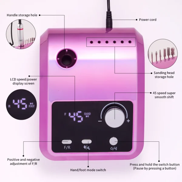 Professional Electric Nail Drill - 45000 RPM with Base Station - Image 3